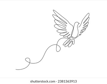 Continuous one line drawing of flying pigeon or gove. Bird symbol of peace and freedom in simple linear style. Concept for logo, card, banner, poster