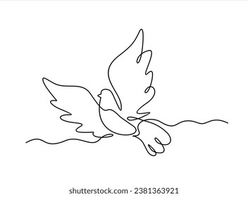 Continuous one line drawing of flying pigeon or gove. Bird symbol of peace and freedom in simple linear style. Concept for logo, card, banner, poster