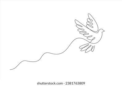 Continuous one line drawing of flying pigeon or dove. Bird symbol of peace and freedom in simple linear style. Concept for logo, card, banner, poster