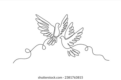Continuous one line drawing of flying pigeons. Bird symbol of peace and freedom in simple linear style. Concept for logo, card, banner, poster