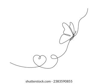 Continuous one line drawing of flying butterfly. Butterfly with love shape outline vector illustration. Editable stroke.