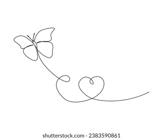 Continuous one line drawing of flying butterfly. Butterfly with love shape outline vector illustration. Editable stroke.