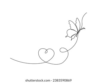 Continuous one line drawing of flying butterfly. Butterfly with love shape outline vector illustration. Editable stroke.