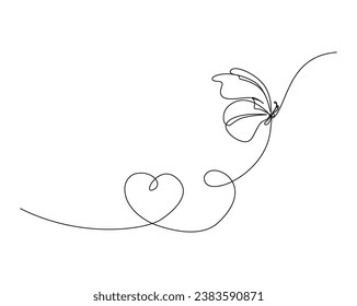 Continuous one line drawing of flying butterfly. Butterfly with love shape outline vector illustration. Editable stroke.