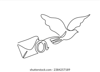 Continuous one line drawing of Flying Dove and post letter. One line art of email delivery concept. Email message post letter send illustration sketch outline drawing. One line pigeons and envelope