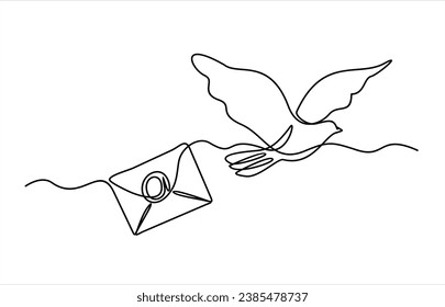 Dibujo continuo de una línea de la paloma voladora y letra posterior. Una línea de concepto de envío de correo electrónico. Mensaje de correo electrónico carta enviar ilustración esbozar dibujo. Palomas y sobre de una línea