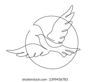 Continuous one line drawing of flying bird. Minimalist bird, pigeon outline design. Editable active stroke vector.
