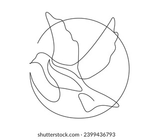 Continuous one line drawing of flying bird. Minimalist bird, pigeon outline design. Editable active stroke vector.