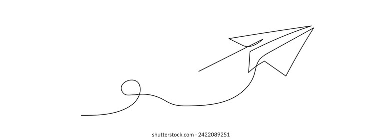 Dibujo continuo de una línea volando sobre el plano de papel. Concepto de negocio creativo para la puesta en marcha y libertad y el viaje de aviones artesanales en un estilo lineal simple. Trazo editable. Ilustración del vector Doodle