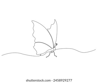 Continuous one line drawing of flying butterfly. One line drawing illustration of butterfly. Flying insect concept continuous line art. Editable outline.