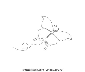 Continuous one line drawing of flying butterfly. One line drawing illustration of butterfly. Flying insect concept continuous line art. Editable outline.