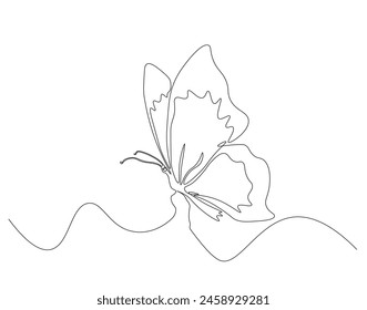 Continuous one line drawing of flying butterfly. One line drawing illustration of butterfly. Flying insect concept continuous line art. Editable outline.