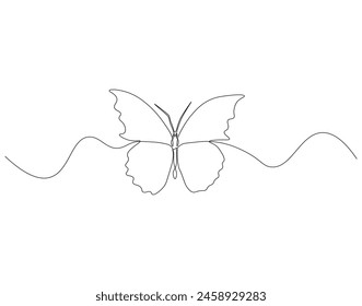 Continuous one line drawing of flying butterfly. One line drawing illustration of butterfly. Flying insect concept continuous line art. Editable outline.