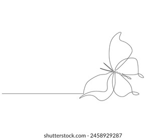 Continuous one line drawing of flying butterfly. One line drawing illustration of butterfly. Flying insect concept continuous line art. Editable outline.