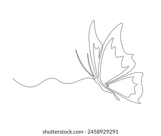 Continuous one line drawing of flying butterfly. One line drawing illustration of butterfly. Flying insect concept continuous line art. Editable outline.