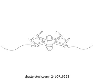 Continuous one line drawing of flying drone. One line drawing illustration of drone. Modern air technology for videography concept. Drone single line drawing. Editable outline.