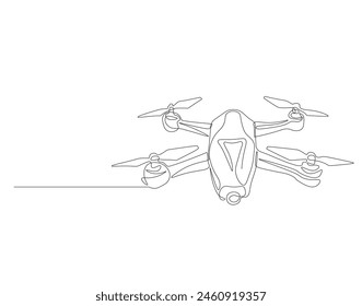 Continuous one line drawing of flying drone. One line drawing illustration of drone. Modern air technology for videography concept. Drone single line drawing. Editable outline.
