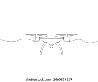 Continuous one line drawing of flying drone. One line drawing illustration of drone. Modern air technology for videography concept. Drone single line drawing. Editable outline.