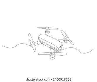 Continuous one line drawing of flying drone. One line drawing illustration of drone. Modern air technology for videography concept. Drone single line drawing. Editable outline.