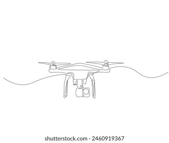 Continuous one line drawing of flying drone. One line drawing illustration of drone. Modern air technology for videography concept. Drone single line drawing. Editable outline.