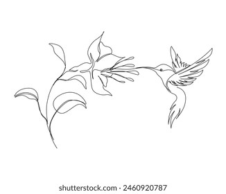 Continuous one line drawing of flying hummingbird with tropical flowers. Hummingbird is sucking the nectar out single outline vector design. Editable stroke.