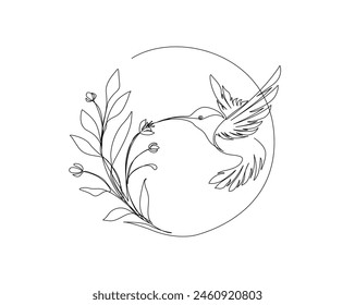 Continuous one line drawing of flying hummingbird with tropical flowers. Hummingbird is sucking the nectar out single outline vector design. Editable stroke.