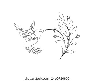 Continuous one line drawing of flying hummingbird with tropical flowers. Hummingbird is sucking the nectar out single outline vector design. Editable stroke.