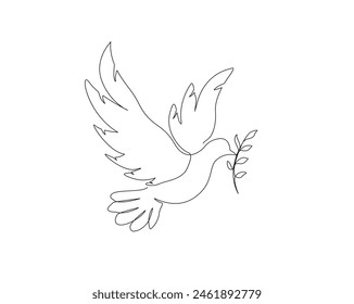 Continuous one line drawing of flying dove with olive branch. Pigeon single outline vector design. Editable stroke.