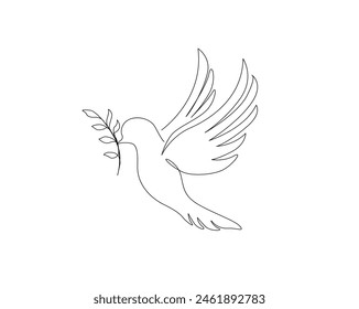 Continuous one line drawing of flying dove with olive branch. Pigeon single outline vector design. Editable stroke.