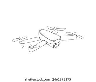 Continuous one line drawing of flying drone illustration. Drone aircraft single outline vector design. Editable stroke.