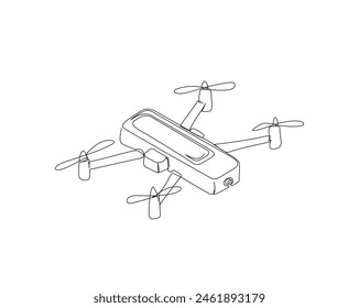 Continuous one line drawing of flying drone illustration. Drone aircraft single outline vector design. Editable stroke.