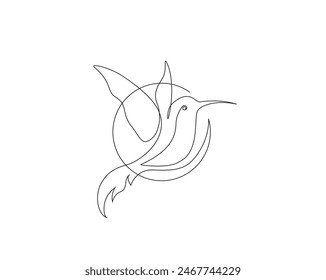 Continuous one line drawing of flying colibri bird. Hummingbird single outline vector design. Editable stroke.