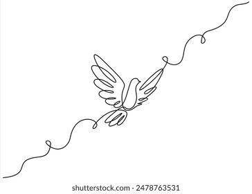 Continuous one line drawing of flying pigeon or gove. Bird symbol of peace and freedom in simple linear style. Concept for logo, card, banner, poster