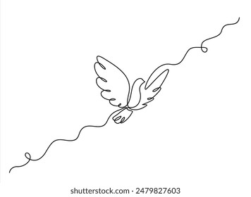 Continuous one line drawing of flying pigeon or gove. Bird symbol of peace and freedom in simple linear style. Concept for logo, card, banner, poster