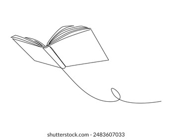 Continuous one line drawing of flying book. Book outline vector illustration. Editable stroke.