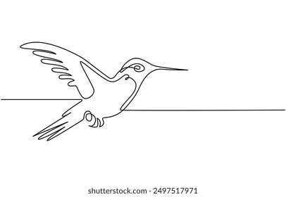 Continuous one line drawing of flying hummingbird. One line drawing illustration of colibri. Flying animal concept Single line, Hummingbird one line art design. Hand drawn illustration of hummingbird