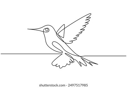 Continuous one line drawing of flying hummingbird. One line drawing illustration of colibri. Flying animal concept Single line, Hummingbird one line art design. Hand drawn illustration of hummingbird