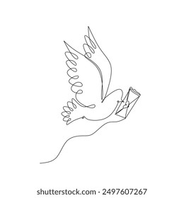 Dibujo continuo de una línea de paloma voladora con postal. 