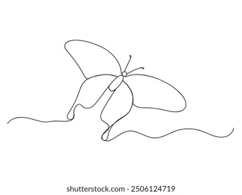 Continuous one line drawing flying butterfly isolated vector illustration on white background.