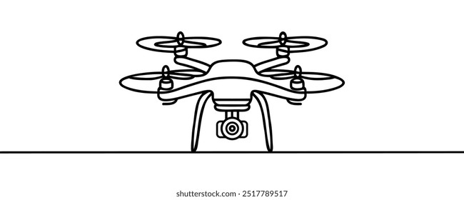 Continuous one line drawing of flying drone illustration. Drone aircraft single outline vector design