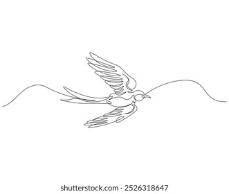 Continuous one line drawing of flying swallow bird. One line drawing illustration of swallow bird in flight. World migratory bird day concept line art. Editable outline