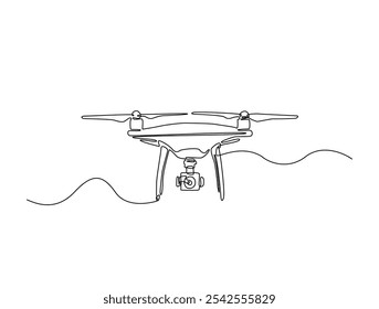 Continuous one line drawing of flying drone aircraft. Drone single line art vector illustration. Editable vector. 
