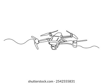 Continuous one line drawing of flying drone aircraft. Drone single line art vector illustration. Editable vector. 
