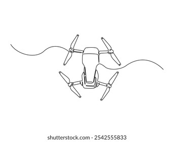 Continuous one line drawing of flying drone aircraft. Drone single line art vector illustration. Editable vector. 
