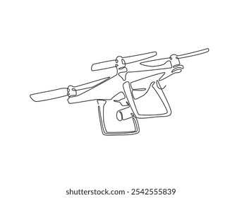 Continuous one line drawing of flying drone aircraft. Drone single line art vector illustration. Editable vector. 
