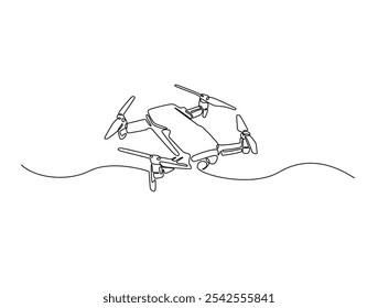 Desenho contínuo de uma linha de drones voadores. Ilustração de vetor de arte de linha única de drone. Vetor editável. 
