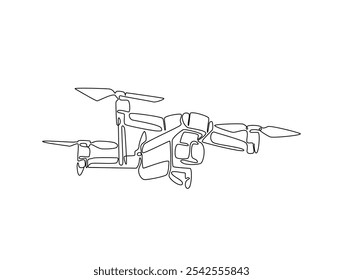 Continuous one line drawing of flying drone aircraft. Drone single line art vector illustration. Editable vector. 
