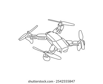 Continuous one line drawing of flying drone aircraft. Drone single line art vector illustration. Editable vector. 
