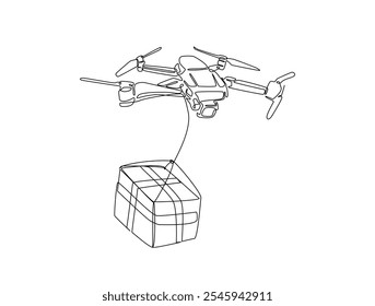 Continuous one line drawing of flying drone delivering box package. Drone shipment in single line art vector illustration. Editable vector. 
