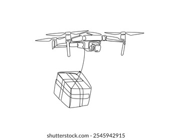 Continuous one line drawing of flying drone delivering box package. Drone shipment in single line art vector illustration. Editable vector. 
